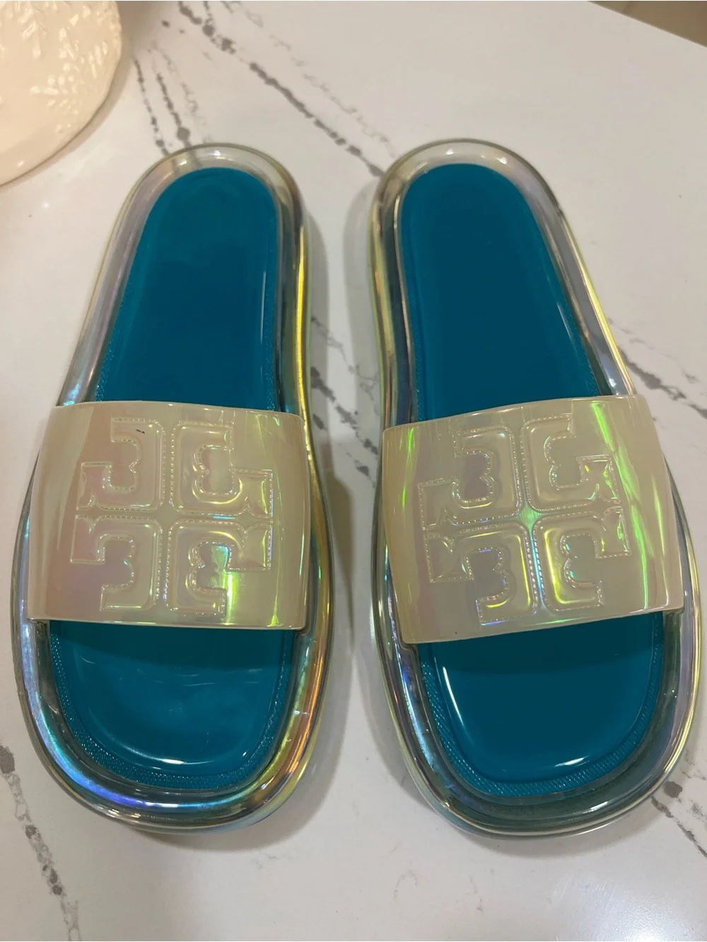 Tory Burch Green Teal Footbed Iridescent Slide Sandals size 7